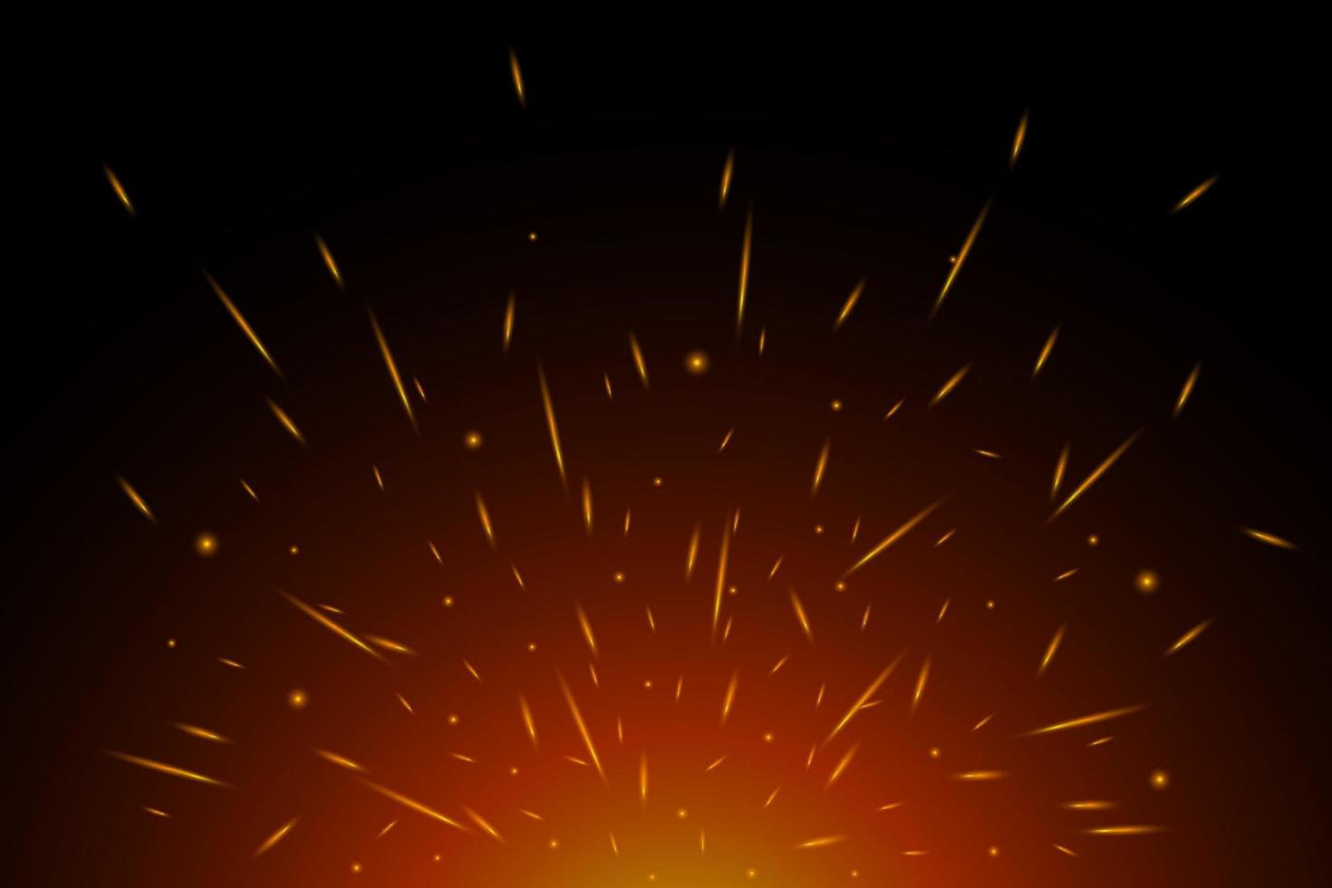 eldgnistor i luften över mörk natt. flygande glödande partiklar från eld. flamma ljus effekt på svart bakgrund vektor eps illustration