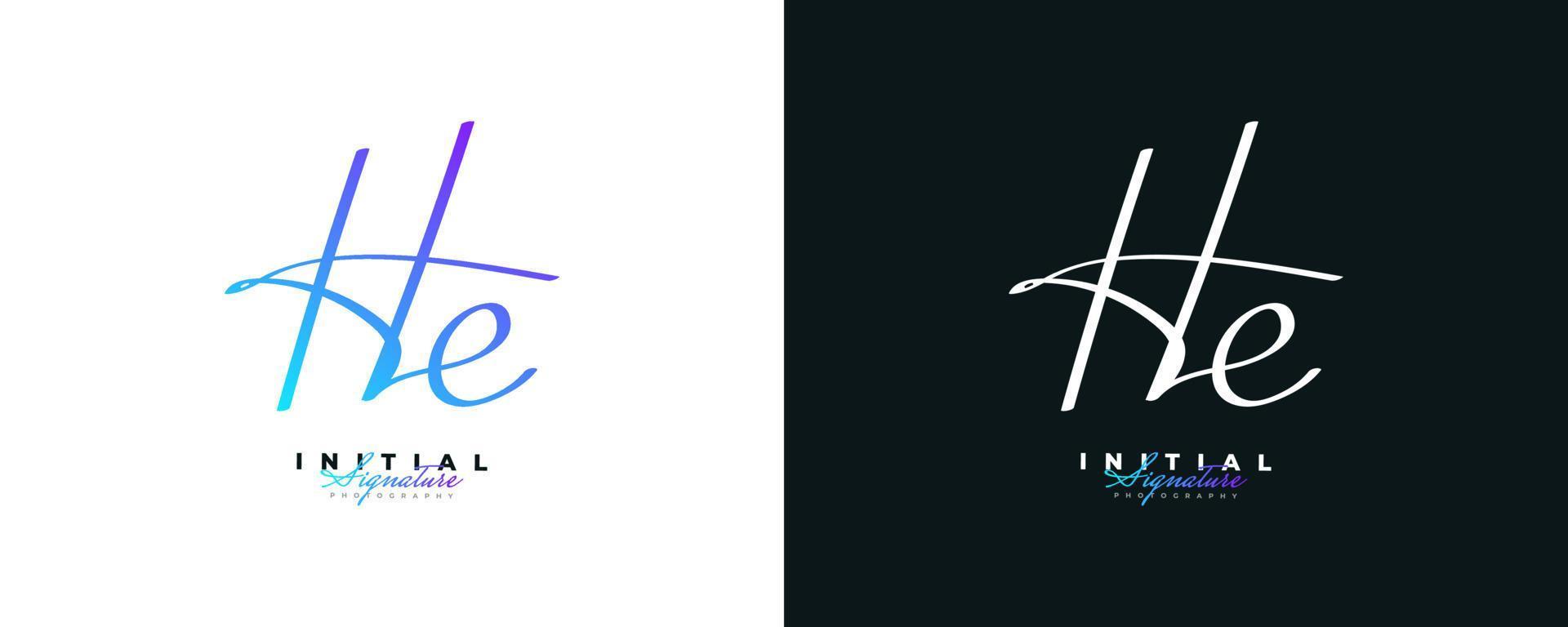 initial h och e logotypdesign i elegant blå handstil. signaturlogotypen eller symbolen vektor