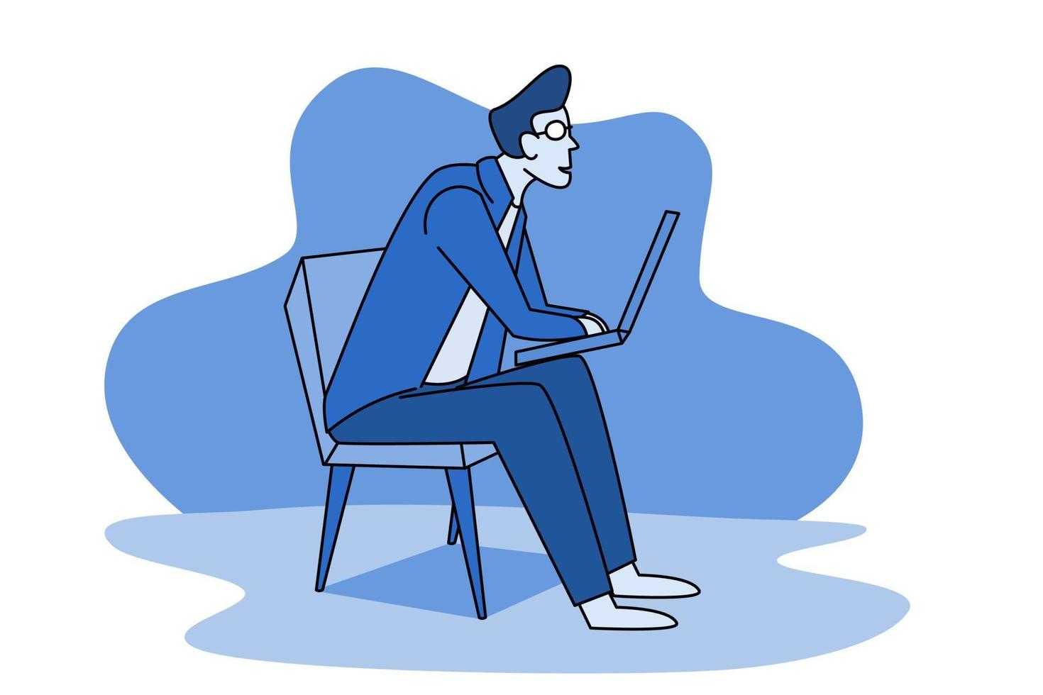 seriefigur illustration av en kontorsarbetare som sitter i en stol och håller en dator som arbetar vektor