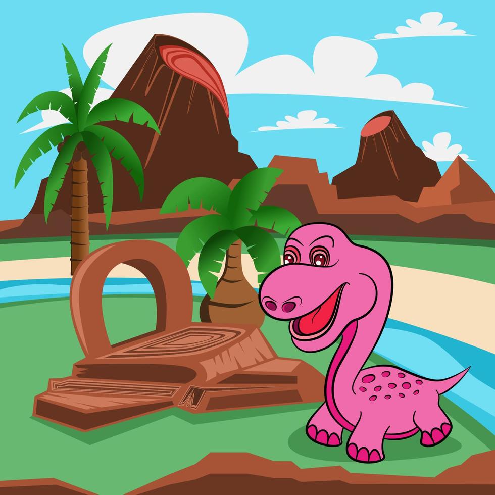 tecknad rosa dinosaurie i naturen berg träd och floder bakgrund vektor