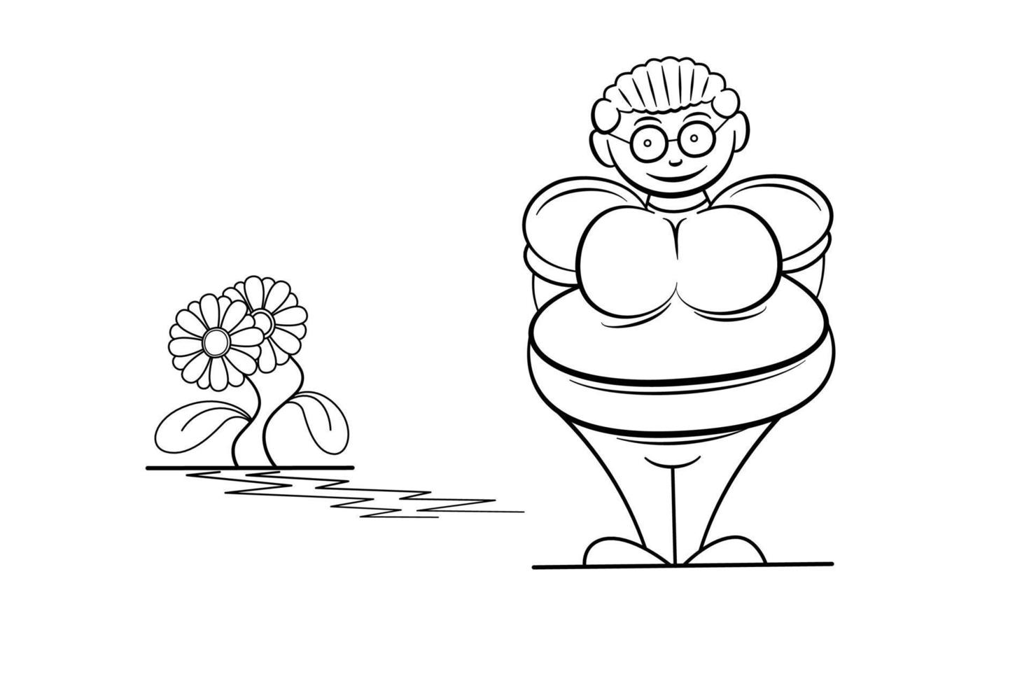 Illustration der Strichzeichnung einer dicken Frau mit Blume auf weißem Hintergrund vektor