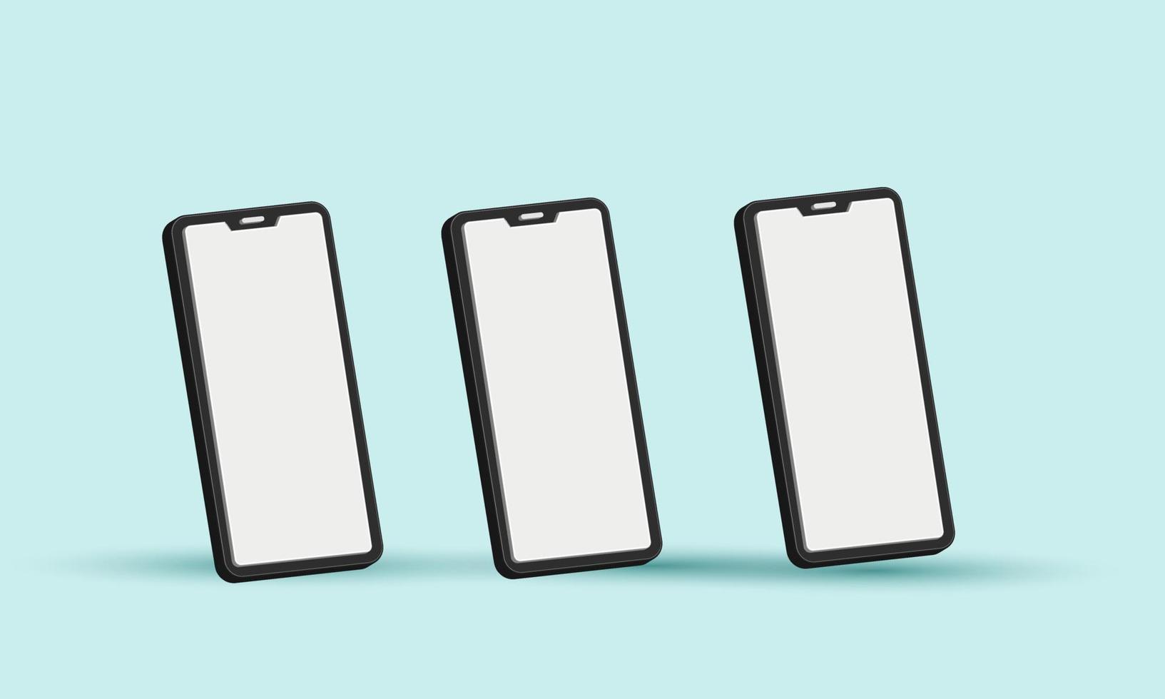 3D-minimalistisk modern lermockup presentation av tre smartphones isolerad på vektor