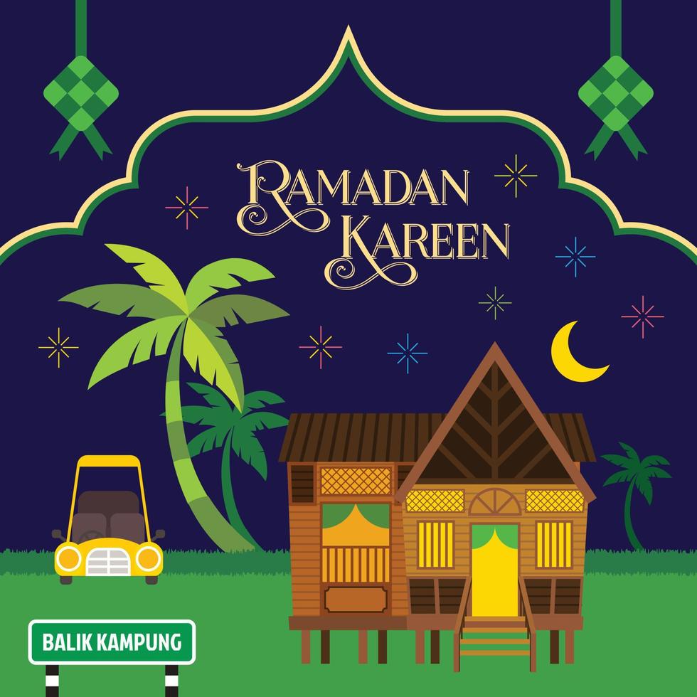 ramadan kareem hälsning med traditionellt malaysiskt byhus med kokospalmer och islamiska dekorativa element vektor