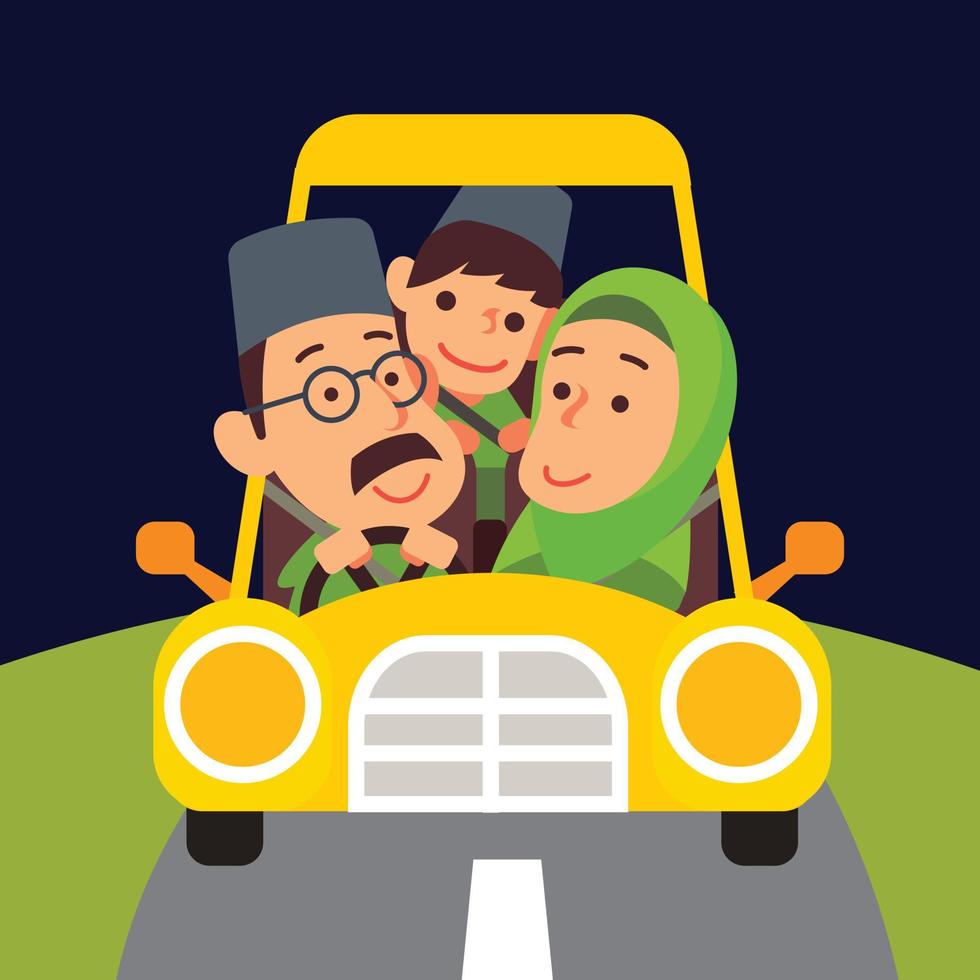 muslimsk familj sitter inne i bilen som far kör på vägen vektorillustration vektor
