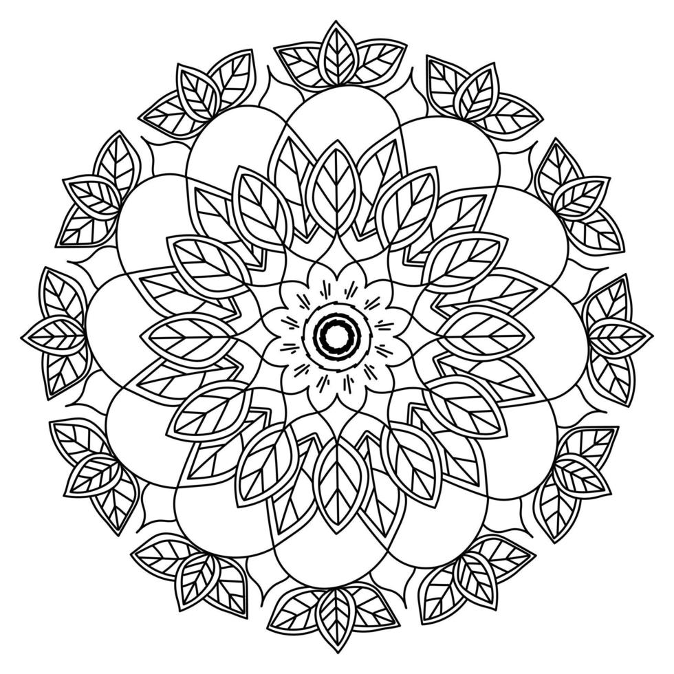 Blumen- und Blattmandala mit einer Blume in der Mitte und Blattsträußen, kreisförmiges symmetrisches Muster aus natürlichen Elementen, Zen-Malseite für Kinder und Erwachsene vektor