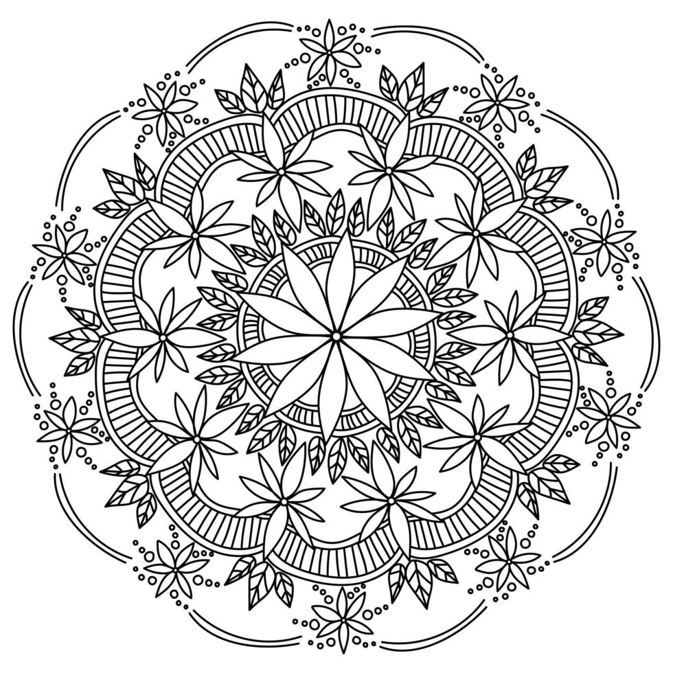 Kontur-Mandala mit Doodle-Blumen und Blattsträußen, Anti-Stress-Malseite mit Pflanzenelementen und Schattierung vektor