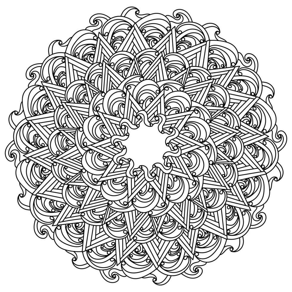 Anti-Stress-Mandala mit vielen Locken und Dreiecken, Zen-Doodle-Malseite mit verschiedenen kunstvollen Formen vektor