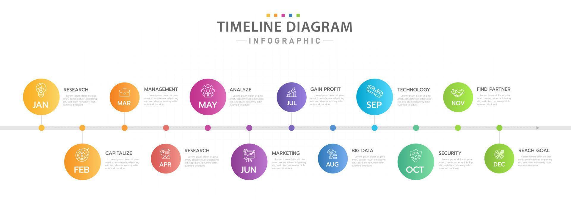 Infografik-Vorlage für Unternehmen. 12-Monats-Timeline-Diagrammkalender mit modernen Symbolen, Präsentationsvektor-Infografik. vektor