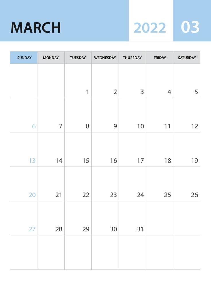 März 2022 Vorlage, Kalender 2022 Vorlagenvektor, Planer Monatsdesign, Tischkalender 2022, Wandkalenderdesign, minimaler Stil, Werbung, Poster, Druckmedien, einfacher kreativer Vektor
