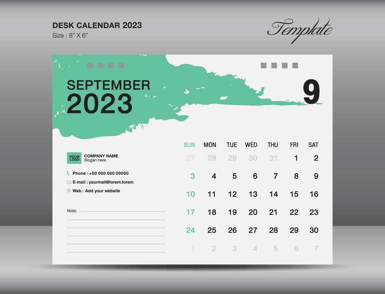 skrivbordskalender 2023 design, september månad mall, kalender 2023 mall, planerare, enkel, väggkalender design vektor