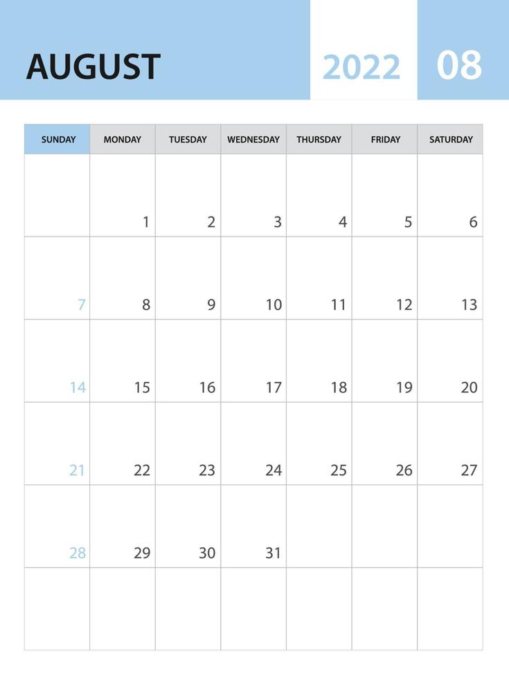 augusti 2022 mall, kalender 2022 mallvektor, planerare månadsdesign, skrivbordskalender 2022, väggkalenderdesign, minimal stil, annons, affisch, utskriftsmedia, enkel kreativ vektor