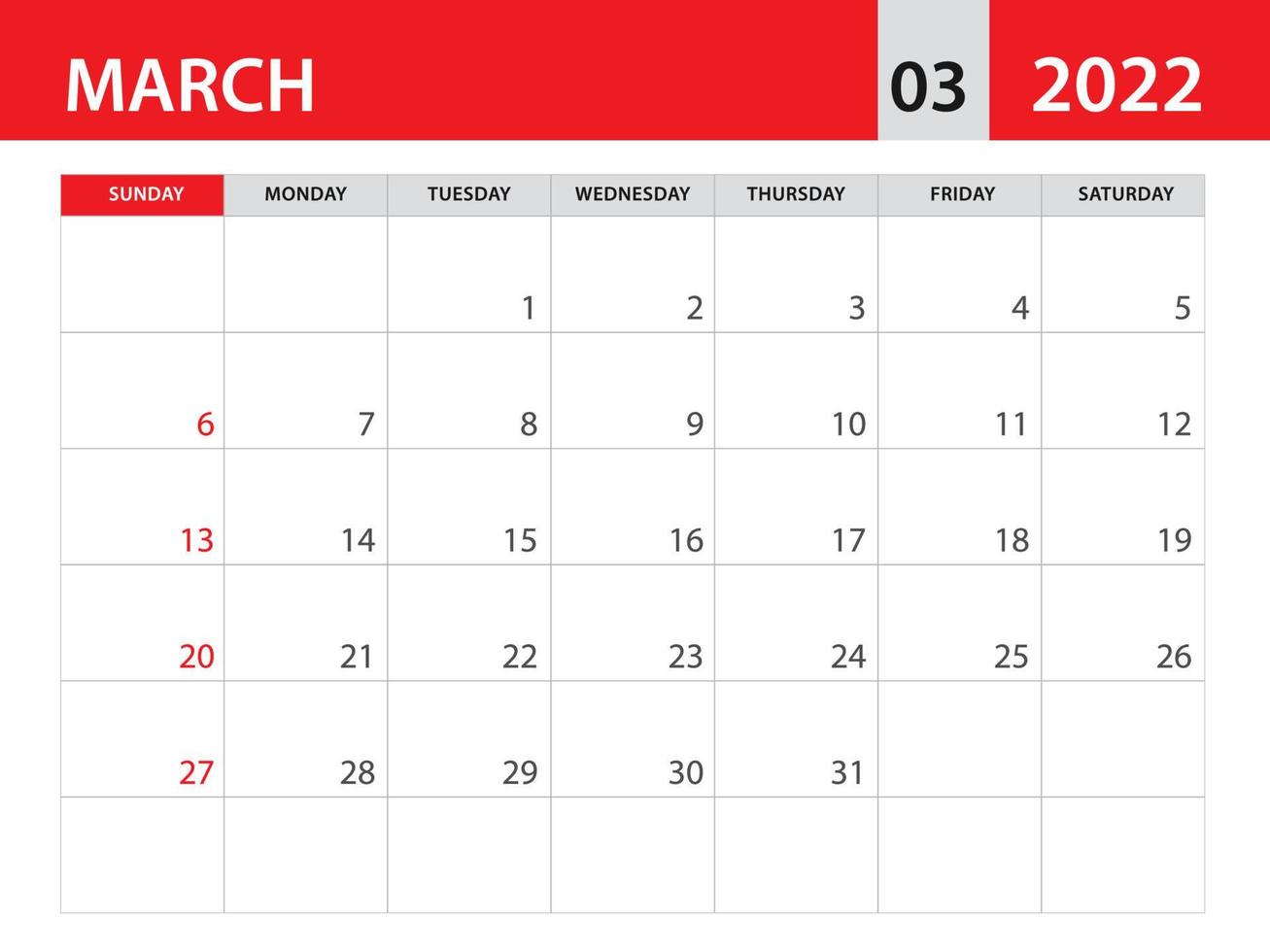 März 2022 Vorlage, Kalender 2022 Vorlagenvektor, Planer Monatsdesign, Tischkalender 2022 vektor