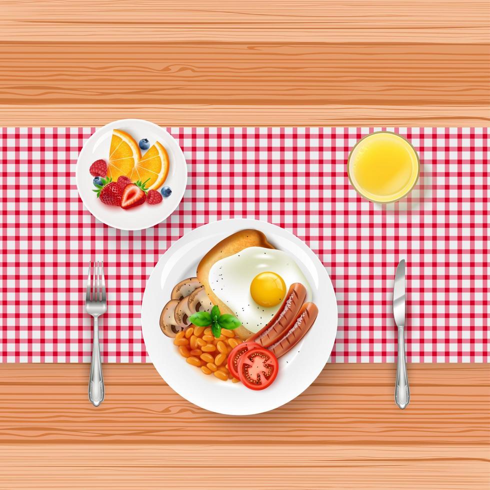 frukostmeny med stekt ägg, frukt och en kopp svart kaffe på träbord vektor