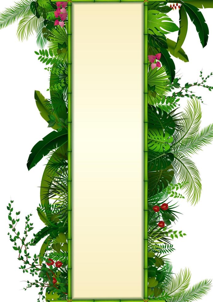 tropiska löv bakgrund. rektangel växter ram med plats för text. tropiskt lövverk med vertikal banner vektor