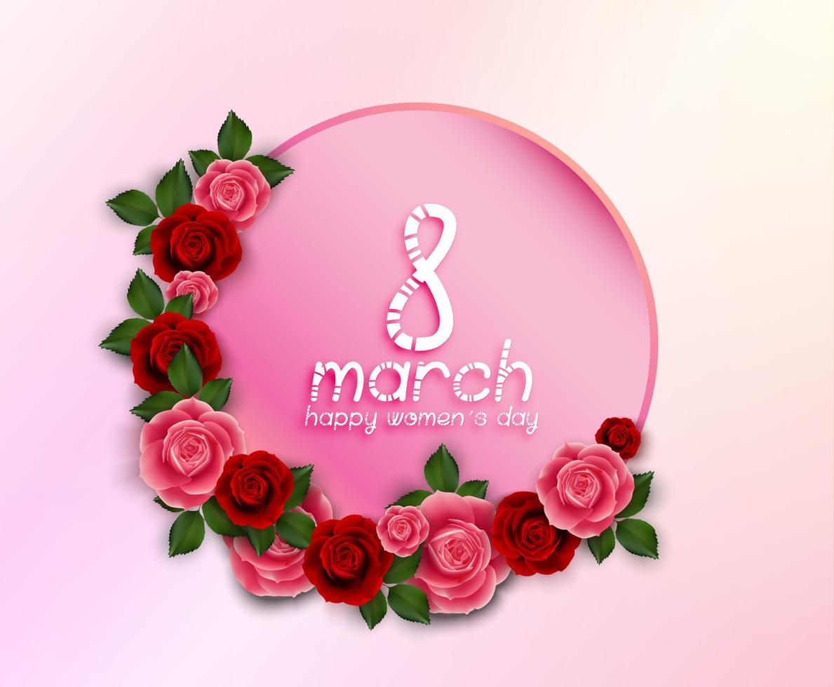 glad kvinnodag hälsning rund banner med röda och rosa rosor vektor