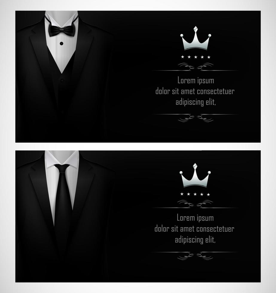 uppsättning svarta smoking visitkortsmallar med mäns kostymer och plats för text vektor