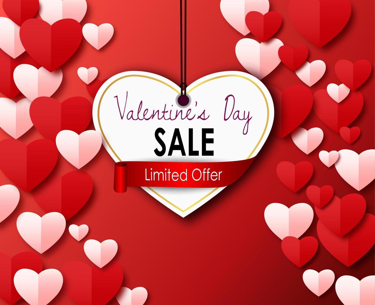 Valentinstag-Verkauf mit Scherenschnitt-Herz auf rotem Hintergrund vektor