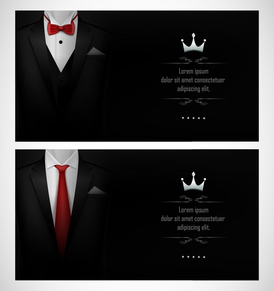 uppsättning svarta smoking visitkortsmallar med herrkostymer och röd slips vektor