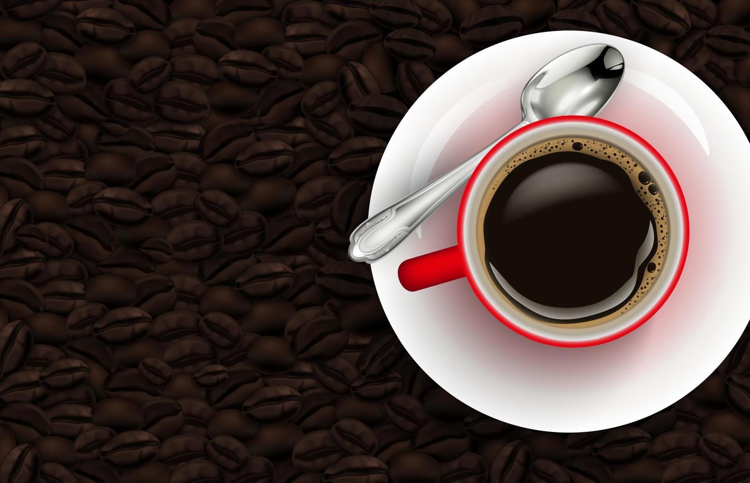 rote Tasse Kaffee und Kaffeebohnen Hintergrund vektor