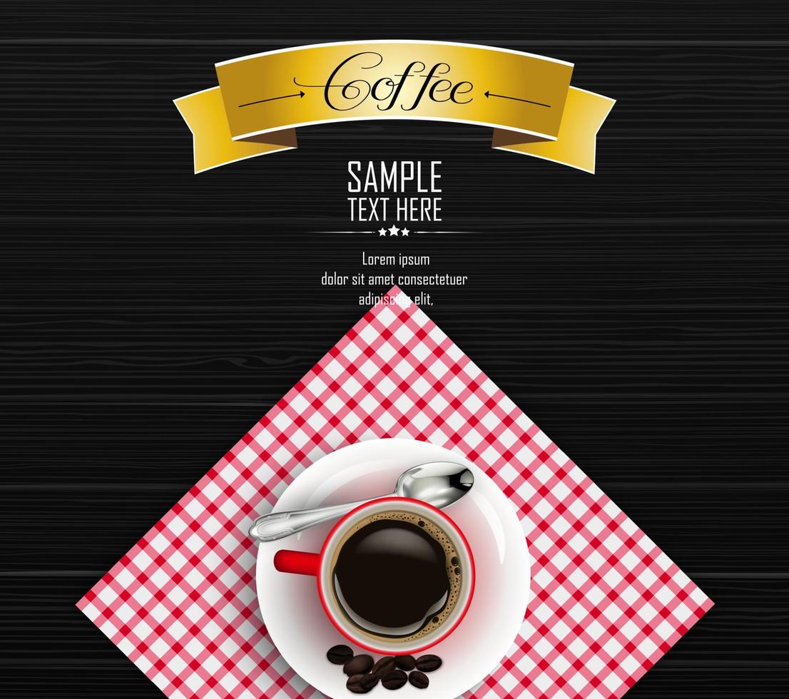 Rote Tasse Kaffee mit gelbem Band und Kaffeebohnen auf dunklem Holzhintergrund vektor