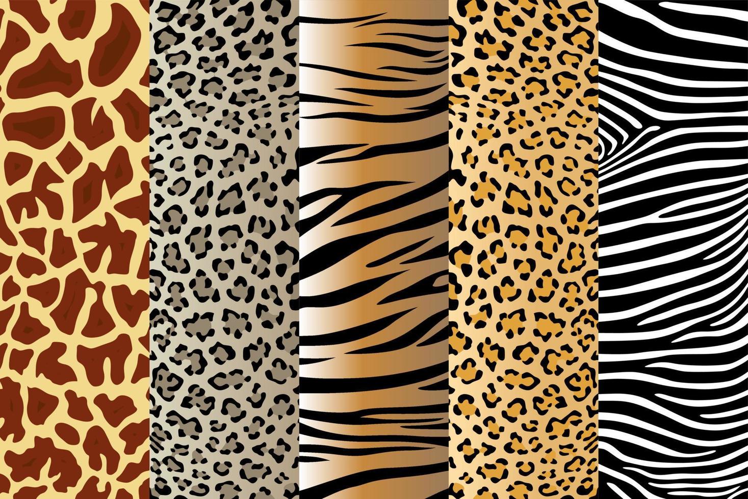 vektor illustration uppsättning av fem olika sömlösa djurmönster. safari textil koncept. tiger, zebra, leopard, jaguar och giraffskinn sömlösa mönster i platt stil för din design.