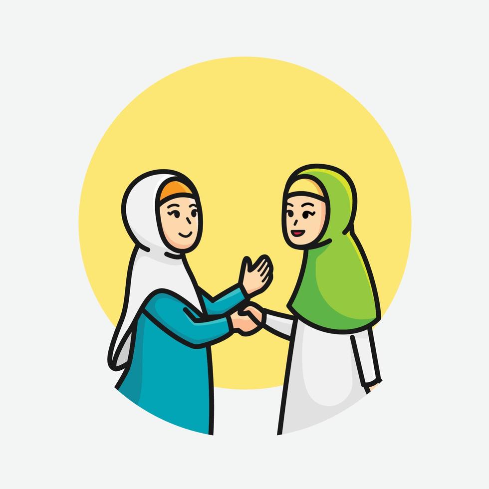 söt muslimsk tjej gör handskaka firar eid mubarak tecknad vektor ikonillustration