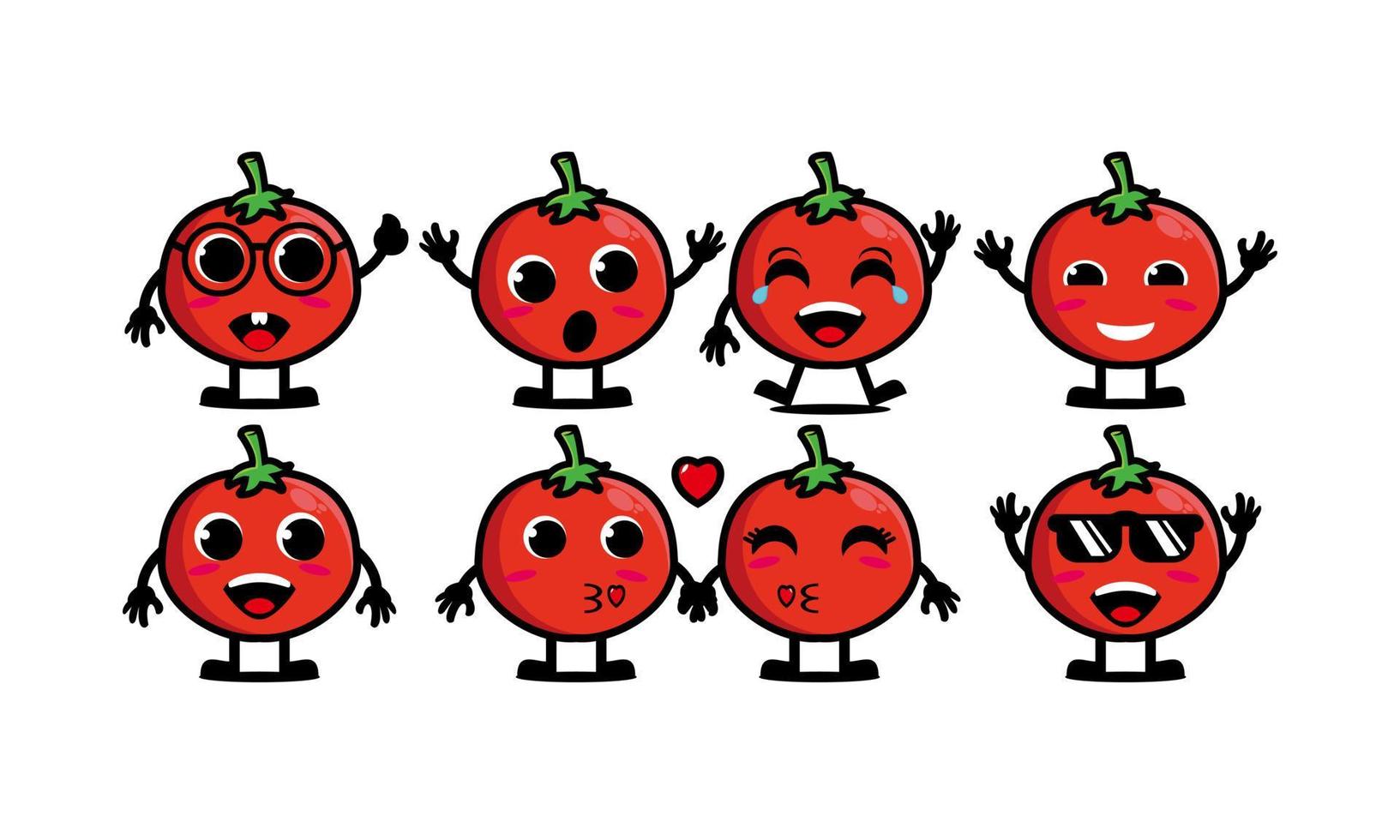 nette lächelnde lustige tomatensatzsammlung flache karikaturgesichtscharakter-maskottchenillustration des vektors lokalisiert auf weißem hintergrund vektor