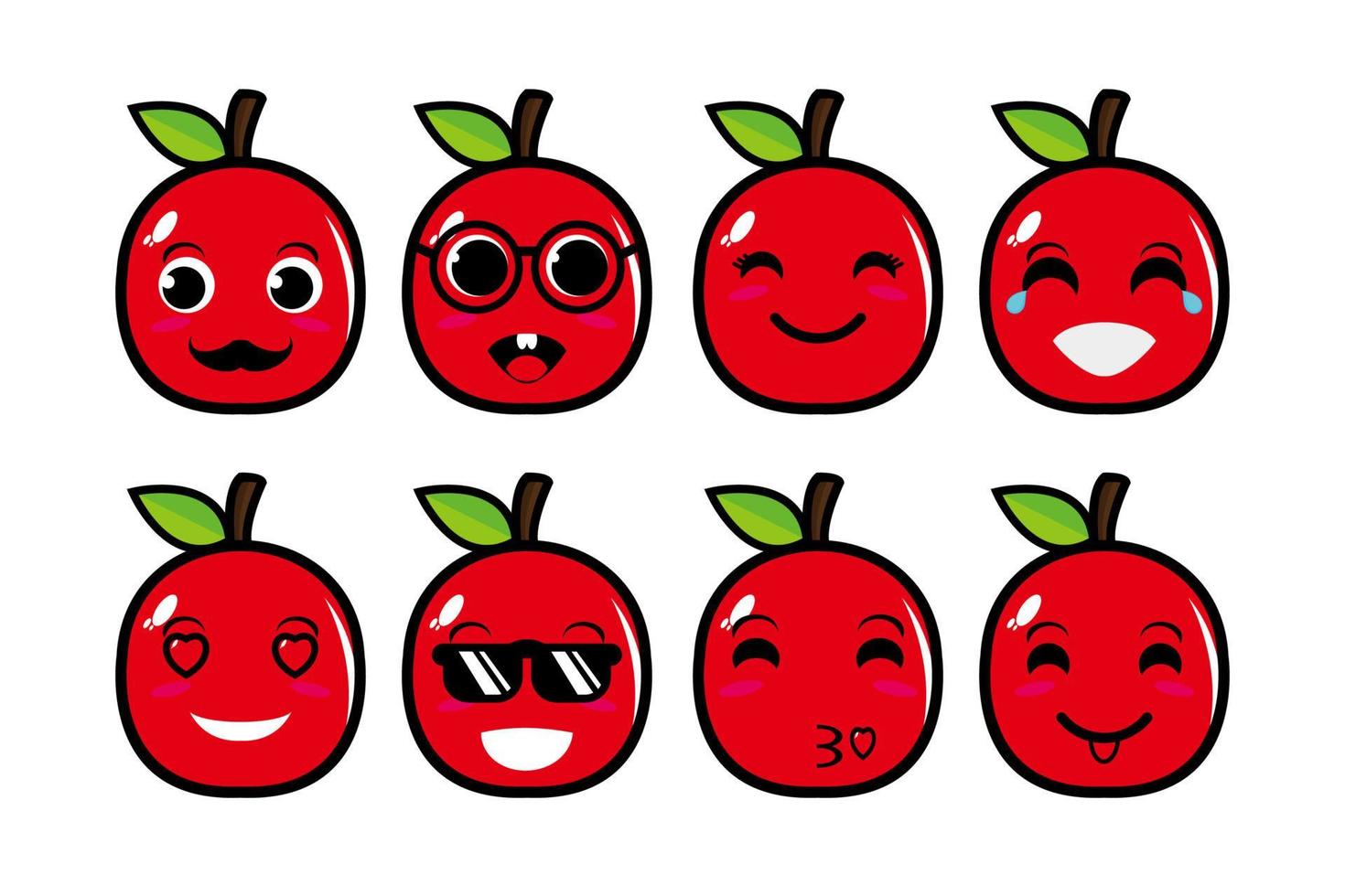 söt leende rolig äpple set collection.vector platt tecknad ansikte karaktär maskot illustration .isolated på vit bakgrund vektor