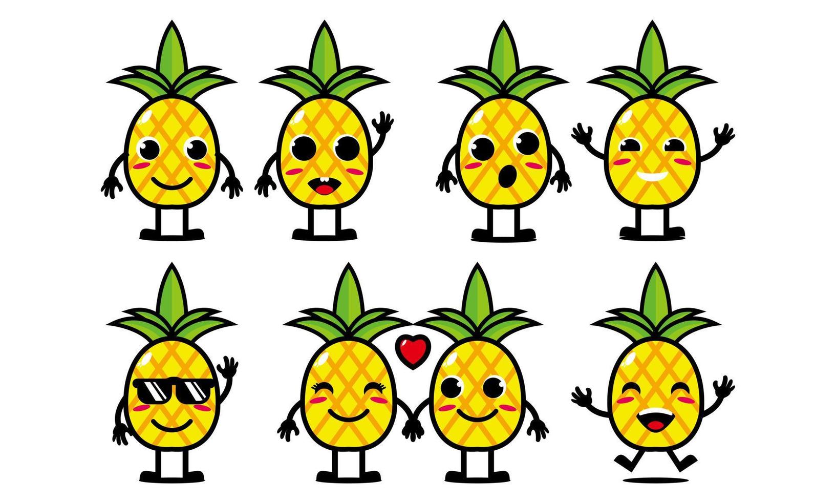 söt leende rolig ananas set collection.vector platt tecknad ansikte karaktär maskot illustration .isolated på vit bakgrund vektor