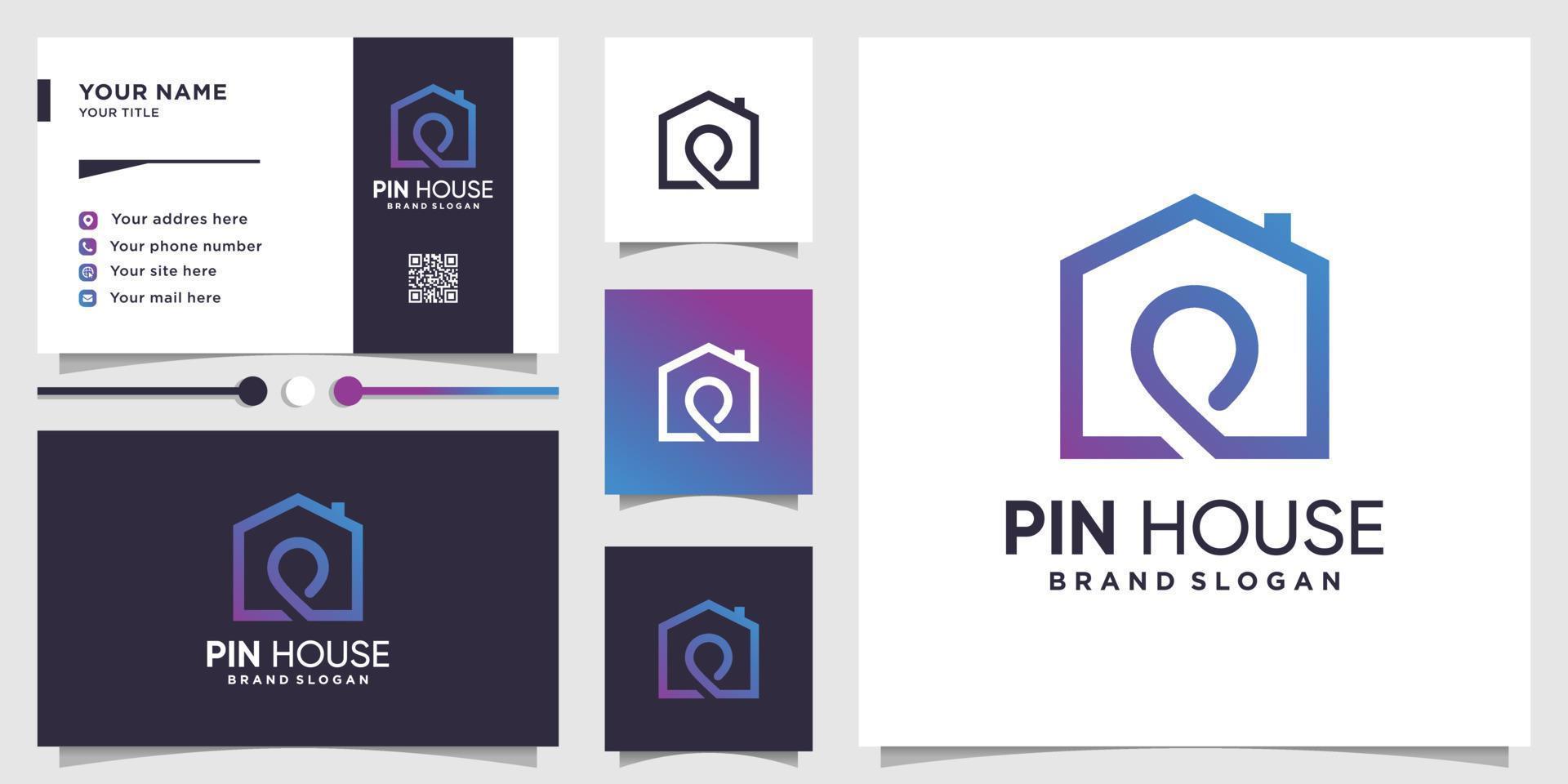 Pin-Haus-Logo mit kreativem Linienkunststil und Visitenkarten-Design-Premium-Vektor vektor