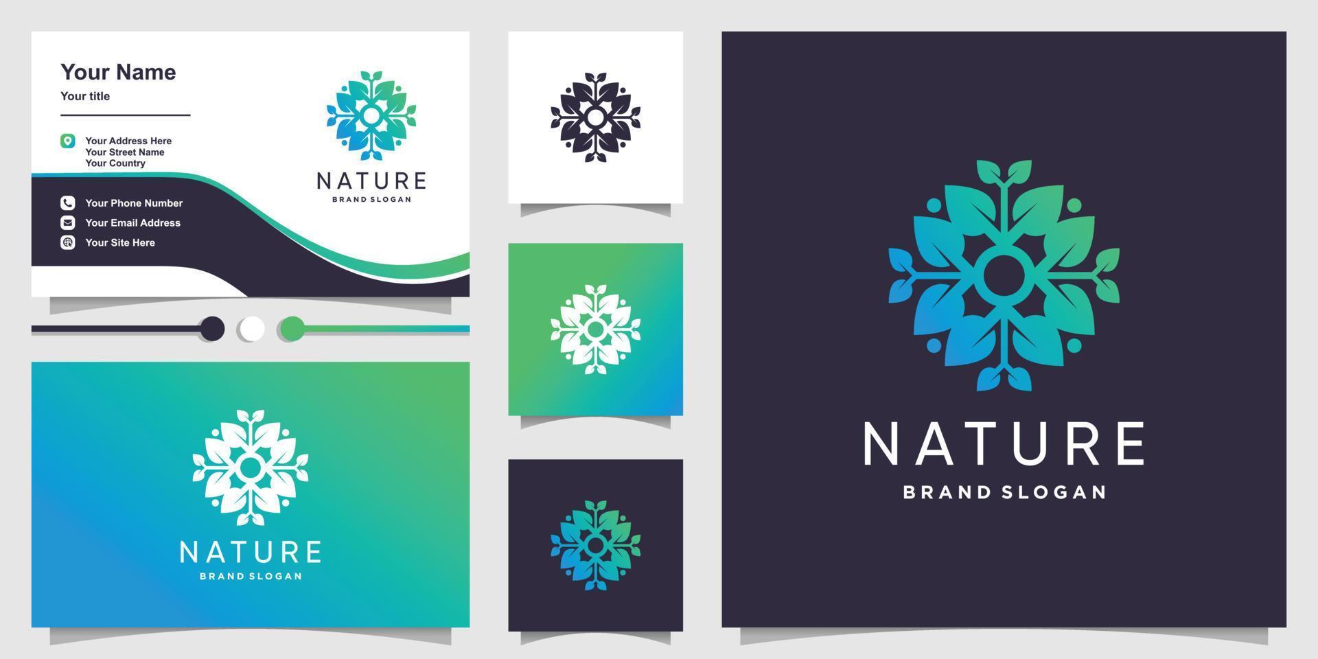 natur logotyp med gradient färskt löv koncept och visitkort design premium vektor