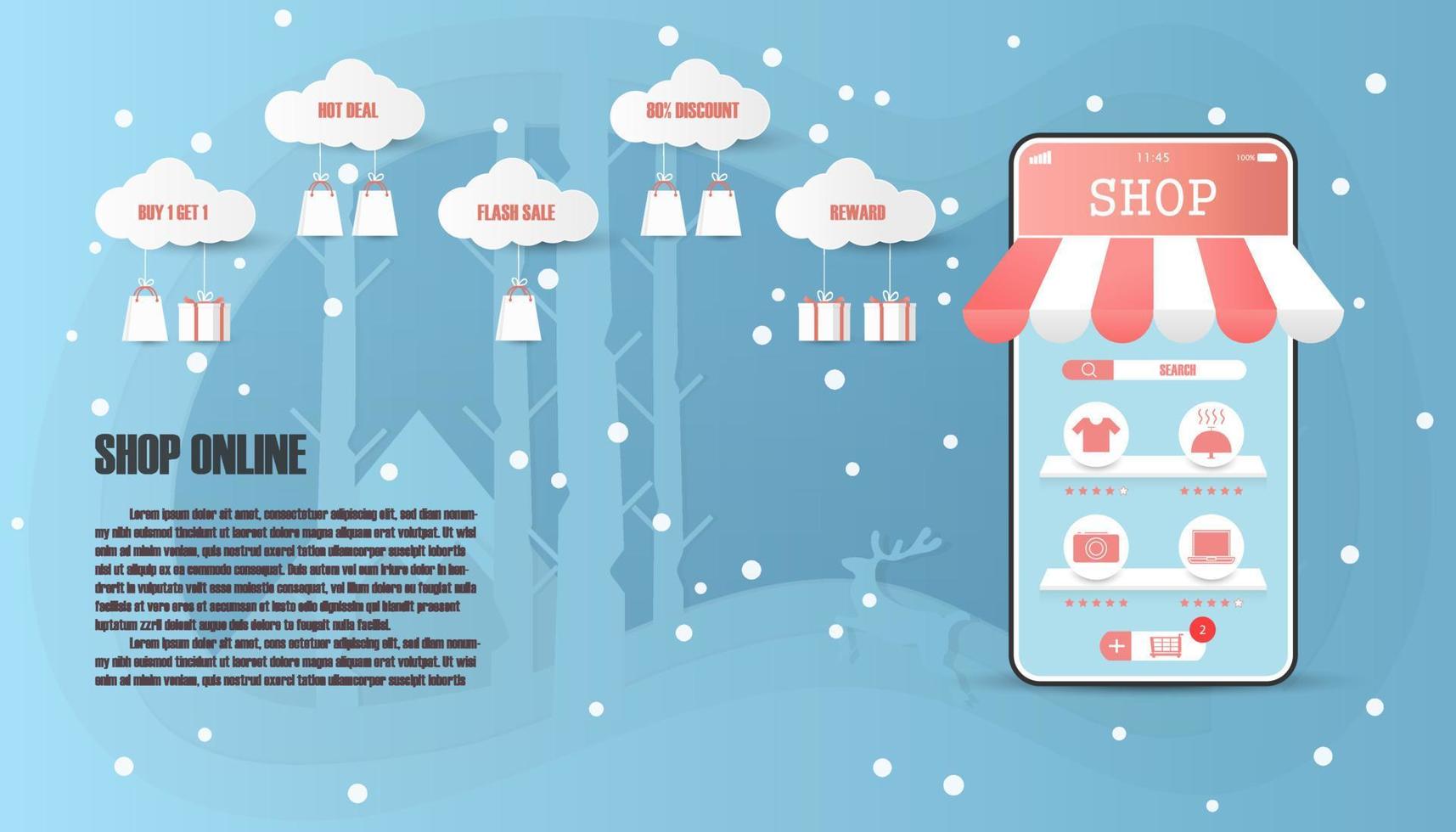 smartphone shopping online med kampanjer och belöning på jul nyår festsäsong bakgrund. använd för mall eller banner. vektor
