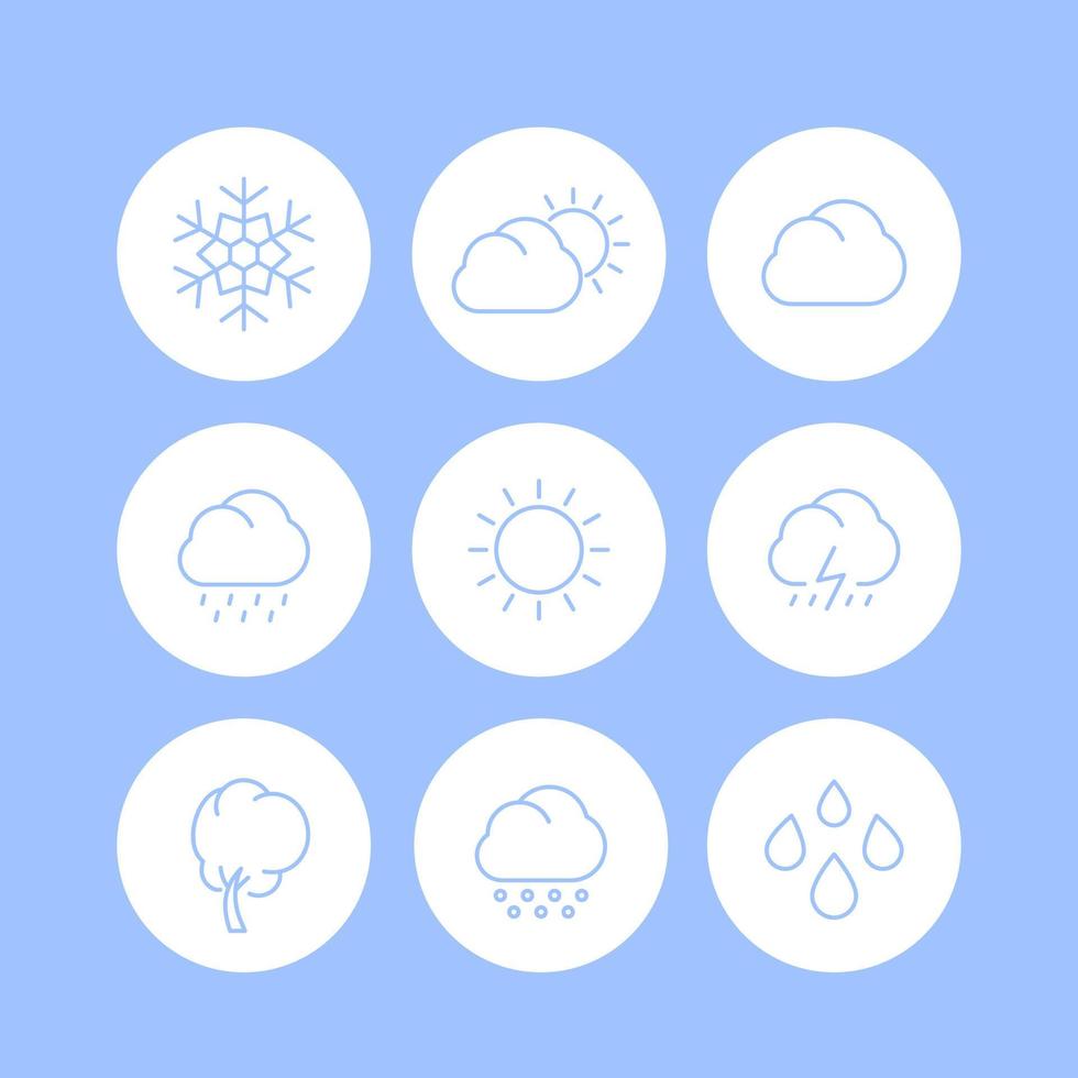 väderlinjeikoner, solig, molnig dag, regn, snöflinga, hagel, vind, sol, snörunda isolerade ikoner, vektorillustration vektor
