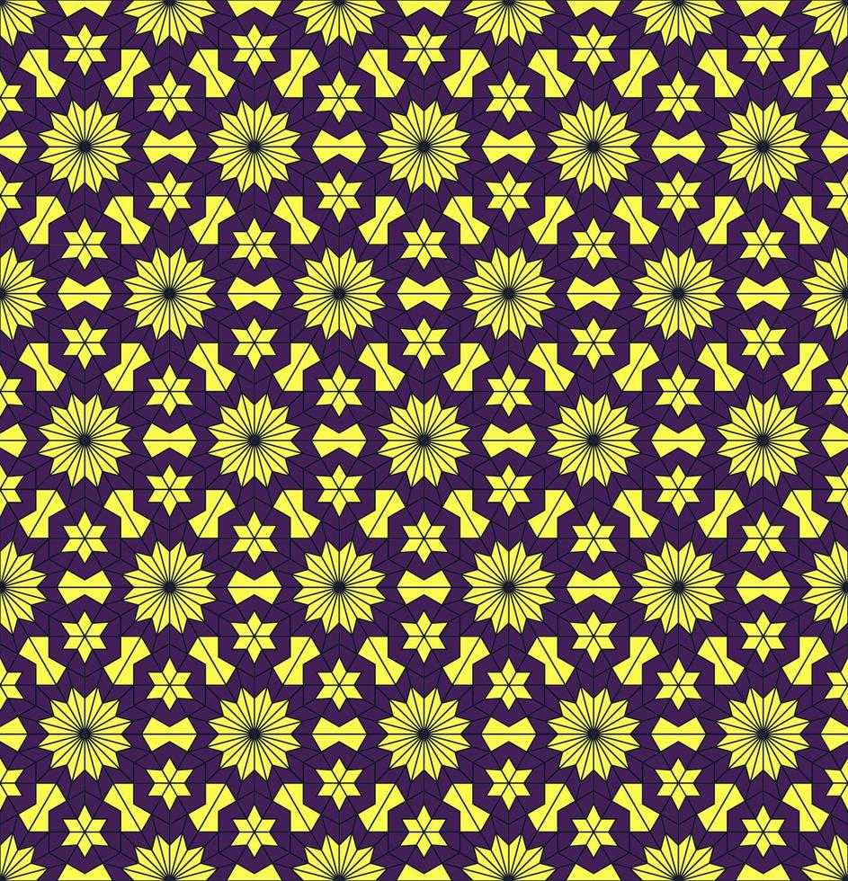 islamischer persischer stern sechseck geometrische form nahtloses muster lebendiger lila gelber farbhintergrund. Verwendung für Stoffe, Textilien, Innendekorationselemente. vektor