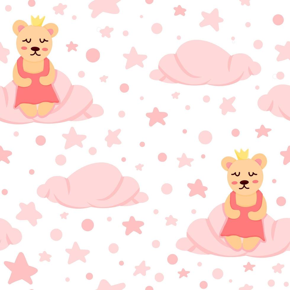 niedliche bärenkleine babyprinzessin, die auf wolkenrosa nahtloser musterschablone sitzt. Flacher Cartoon-Vektor-Stoffdruck. Himmel, Magie, Traum. Kinderzimmerdesign für Mädchen. vektor