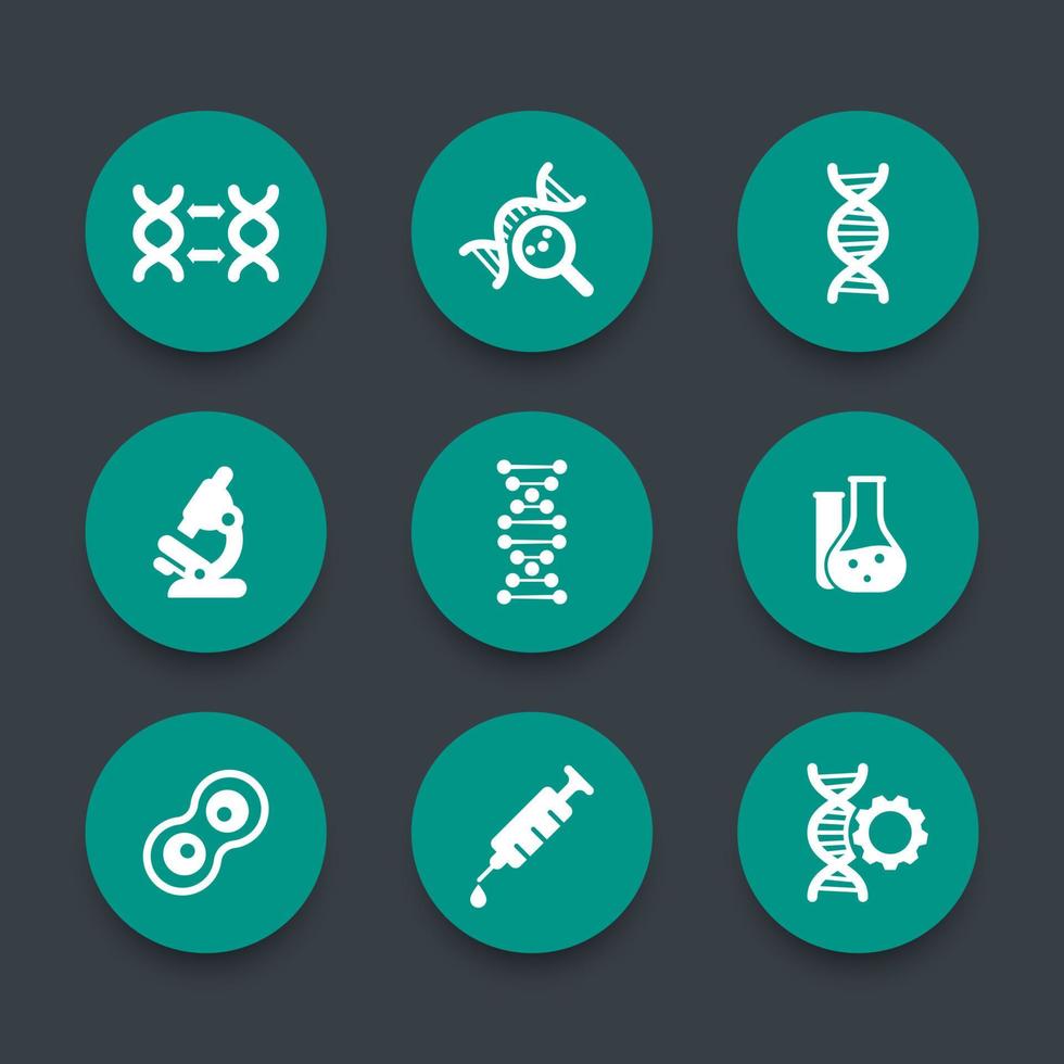Genetik-Symbole, DNA-Kettenvektorzeichen, genetische Veränderung, DNA-Replikation, Genforschung, Labor, grüne runde Symbole, Vektorillustration vektor