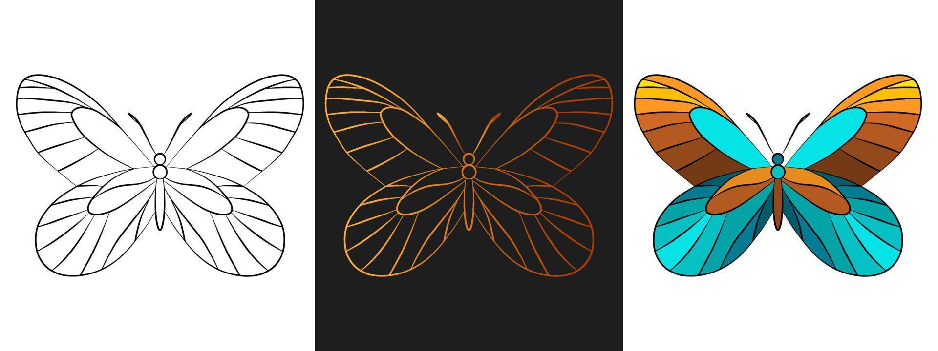 schmetterling tier umriss logo gestaltungselement. schwarze und goldene umrisskontur, linienkunststil isolierter symbolsatz. schöne Tattoo-Vorlage. Cartoon-Insektenzeichnung. vektor