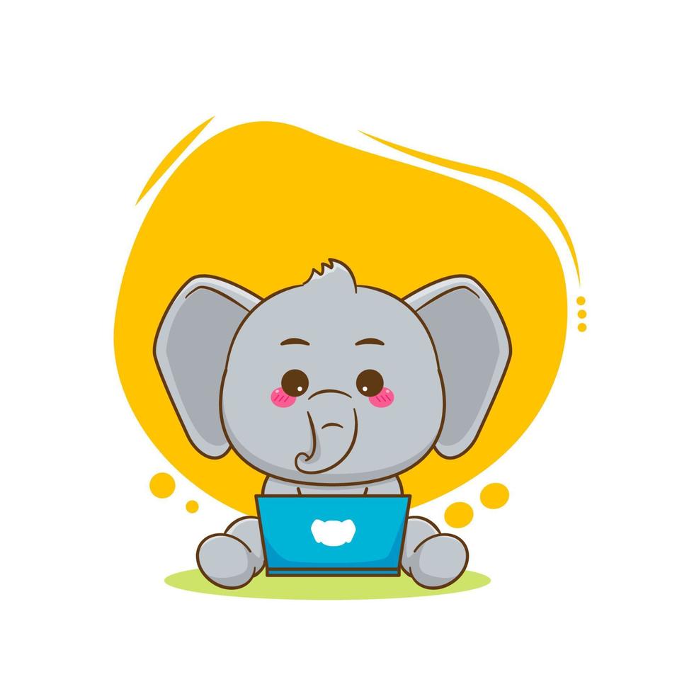 tecknad illustration av söt elefant karaktär som arbetar på laptop vektor