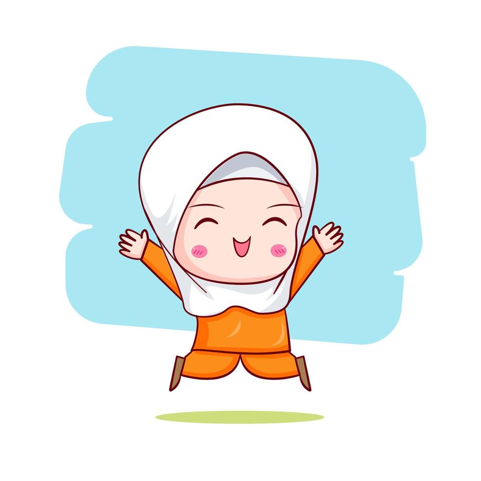 niedliches moslemisches mädchen, das chibi-zeichentrickfigur handgezeichnete illustration springt vektor