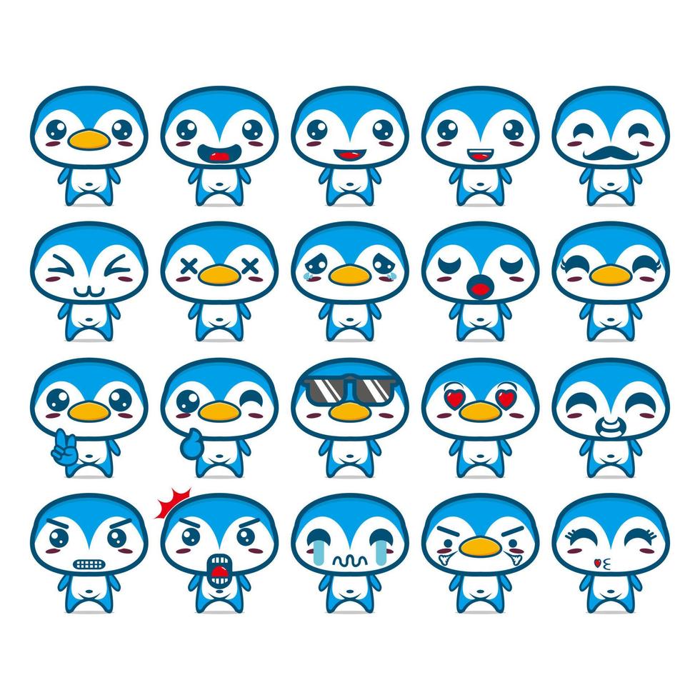set sammlung von niedlichen pinguin-maskottchen-design-charakter. isoliert auf weißem Hintergrund. niedliches charakter-maskottchen-logo-ideenbündelkonzept vektor