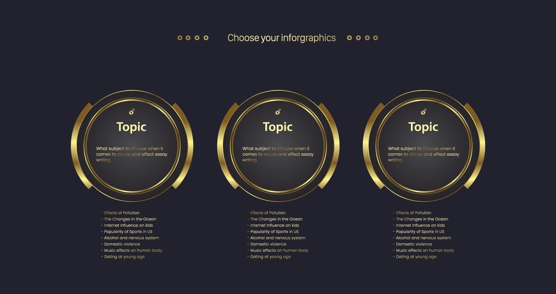 kreis luxus infografik optionen vorlagendesign mit drei goldenen kreisvektoren in dunkler farbe und verwendet für finanzarbeitsablauf und schritt der temwork-präsentationsobjekte unter verwendung, vektor, illustration vektor