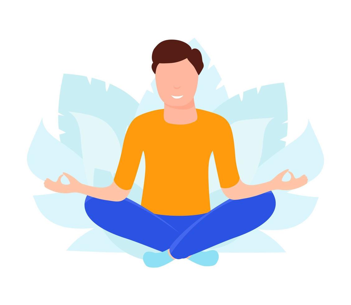 vektorillustration mit dem mann, der körperliche aktivität tut. Eignung, Yogastudioillustration lokalisiert auf weißem Hintergrund. gesunder lebensstil, meditation zu hause konzept. vektor