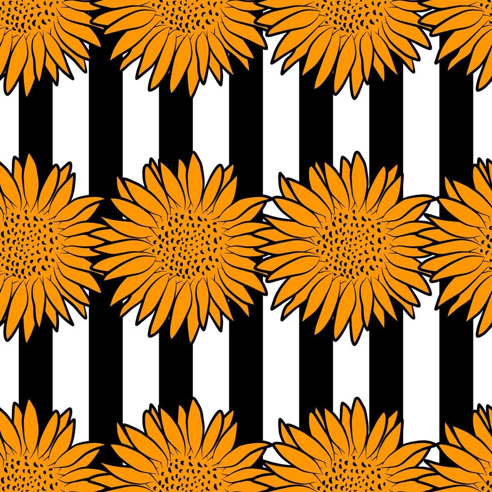 Retro-Stil Sonnenblumen Musterdesign mit schwarzen Streifen. abstrakte florale botanische Stoffdruckvorlage. Tapetenvektor-Designillustration. Sommer grafische Umrisszeichnung Textur. vektor