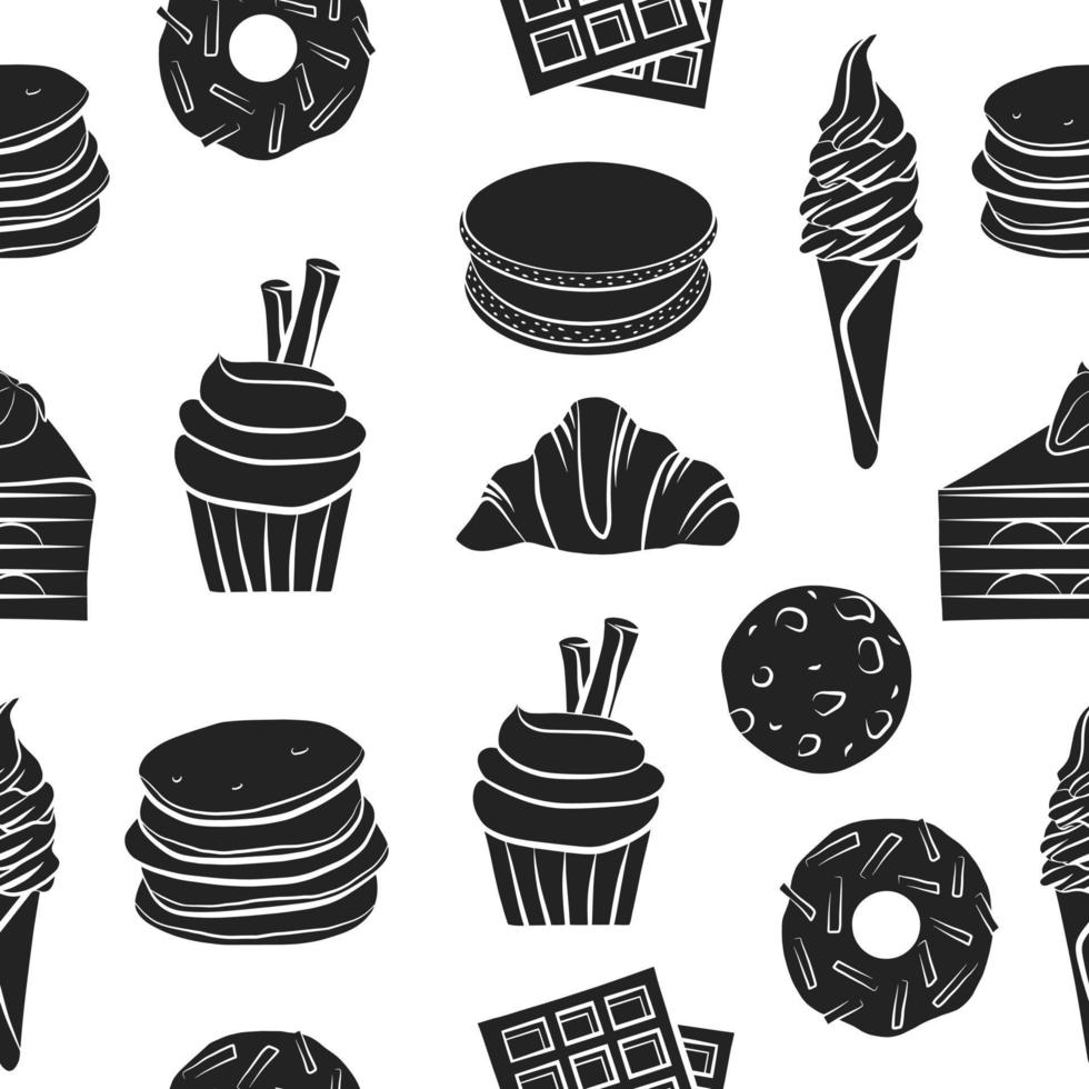söt mat disposition skiss ritning sömlösa mönster mall, isolerade vektor välsmakande kök bakgrund, enkel doodle svart tavla. kakor, munk, tårta, pannkakor, croissant, glass, muffins.