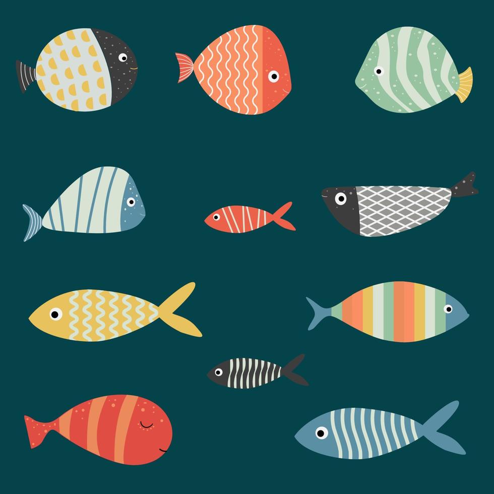 satz bunte süßwasseraquarien-niedliche karikaturartfische für musterdesign, tapete, plakat, dekoration, mode, verpackungspapier und für kindererziehung vektor