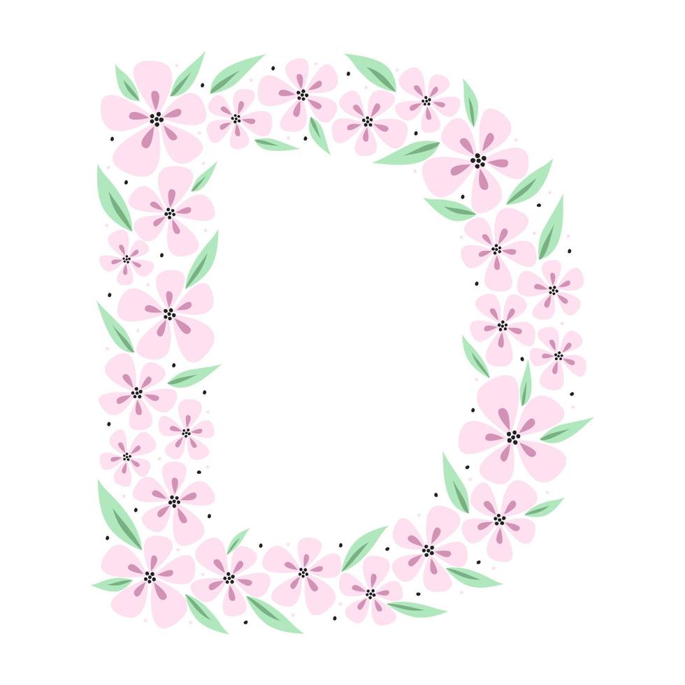 blommigt botaniska alfabetet. vintage handritad bokstaven d. brev med växter och blommor. vektor bokstäver isolerade på vitt
