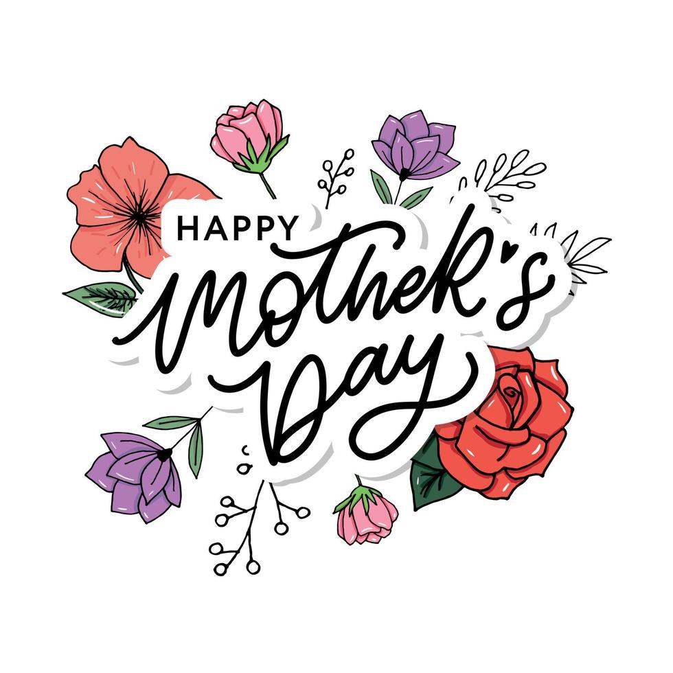glückliche muttertagsbeschriftung. handgemachte Kalligrafie-Vektorillustration. Muttertagskarte mit Blumen vektor