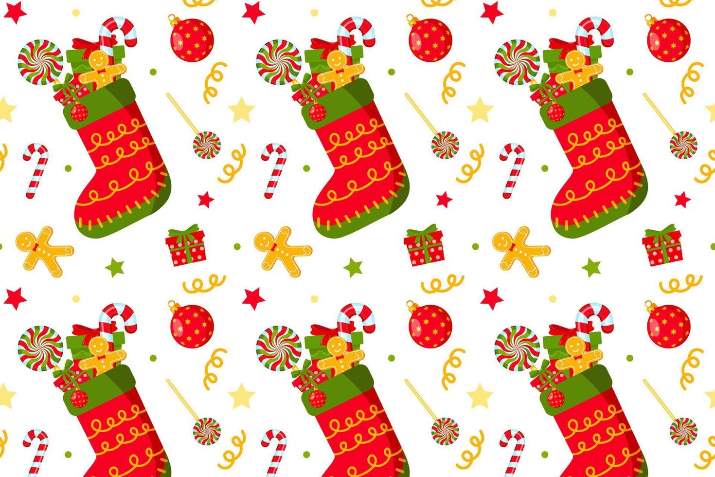 nahtloses Muster mit Weihnachtssocke mit Geschenken auf weißem Hintergrund. Verpackungspapier, Textilien. Wohnkultur, Lebkuchenmann, Lutscher, Süßigkeiten. symbol für weihnachten und neujahr vektor
