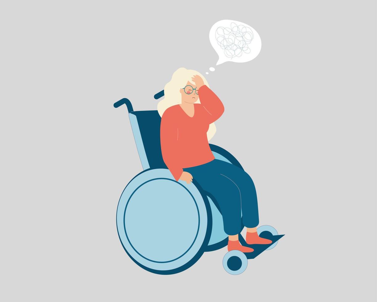 gammal kvinna med funktionsnedsättning använder rullstol och försöker komma ihåg något hon glömt. äldre kvinna har minnesförlust och ångest. Alzheimers sjukdom och psykiska problem. vektor lager.