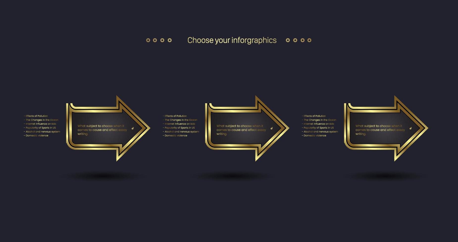 Pfeil Luxus von Infografiken Schritte Design. drei moderne optionen in goldenen pfeilfahnen auf dunklem hintergrund. Vektor, Abbildung vektor